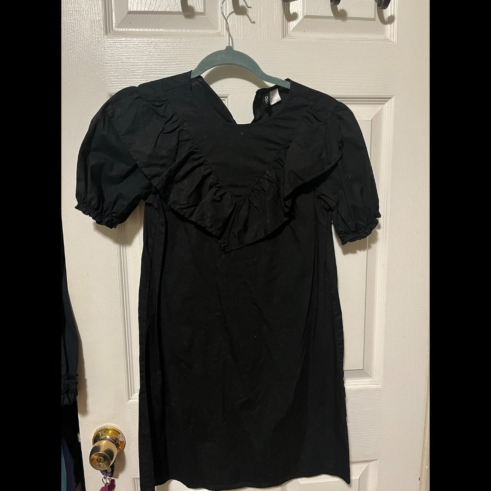 H&M ruffle cotton black mini shift dress XS